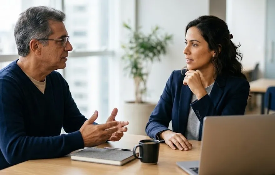Duas pessoas conversando à mesa em um escritório claro: uma atendente ouve um cliente com atenção