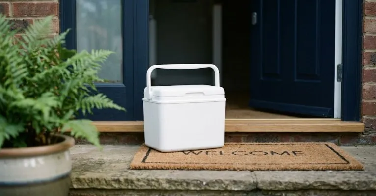 Caixa térmica branca sem marcas na porta de uma casa, com um vaso de samambaia ao lado