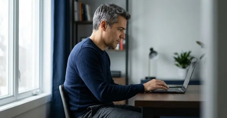 Homem de perfil lendo algo no notebook, em um escritório em casa com luz natural
