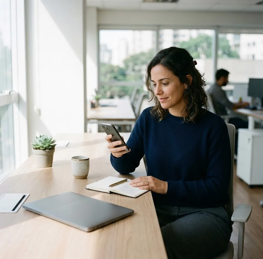 Mulher sorrindo ao consultar o celular em sua mesa, com um caderno aberto, em um escritório claro