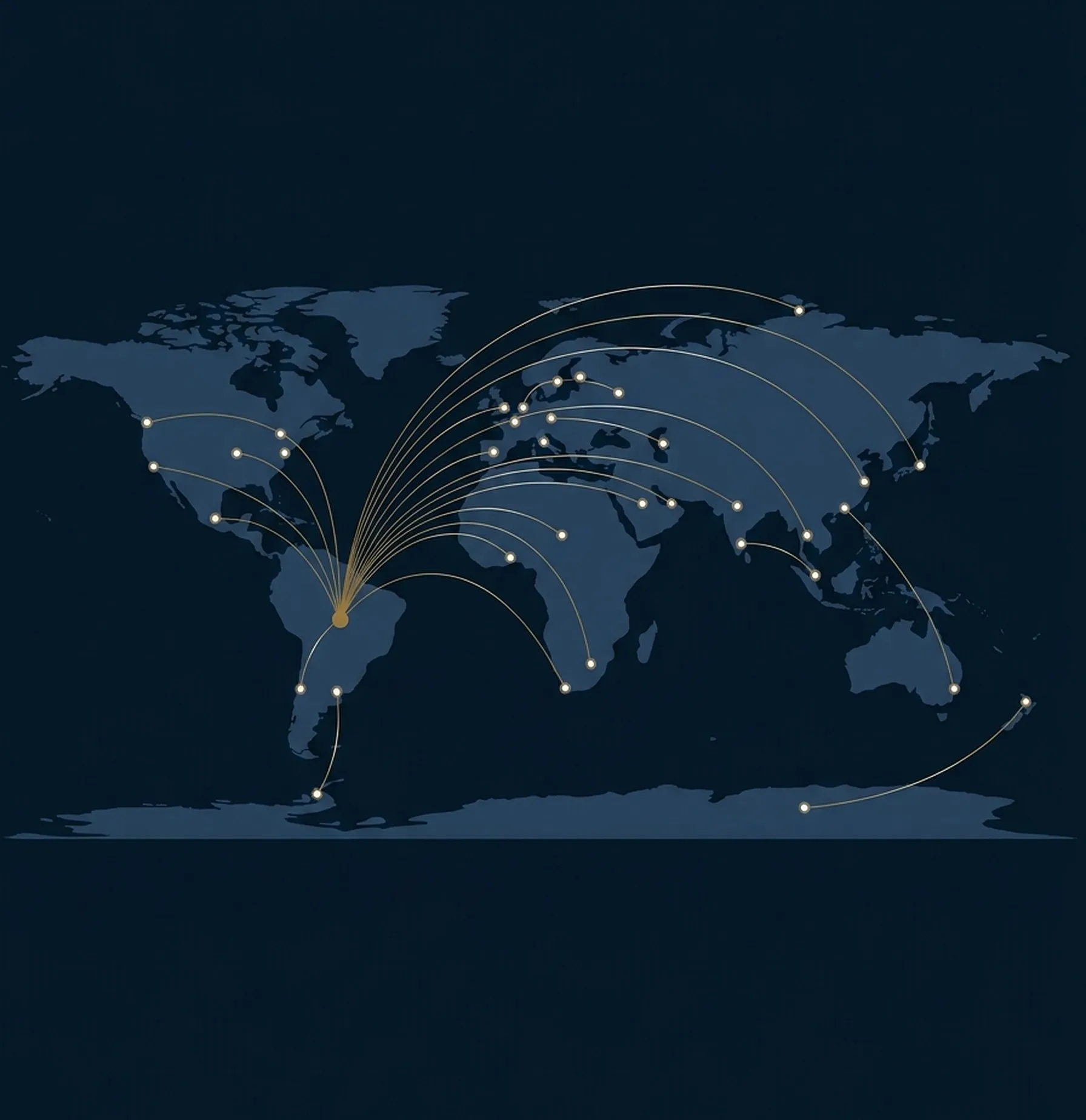 Mapa-múndi com linhas douradas partindo do Brasil e ligando diferentes regiões do mundo
